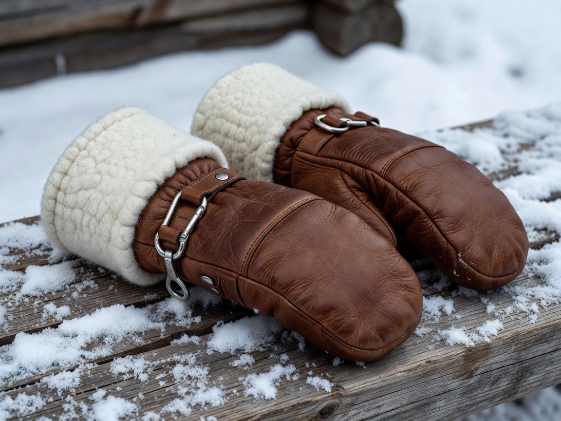 Durable Swedish leather mittens with snow cuffs and carabiner clips