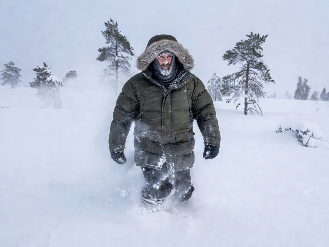 Expedition grade Swedish arctic parka worn in severe snowy blizzard conditions