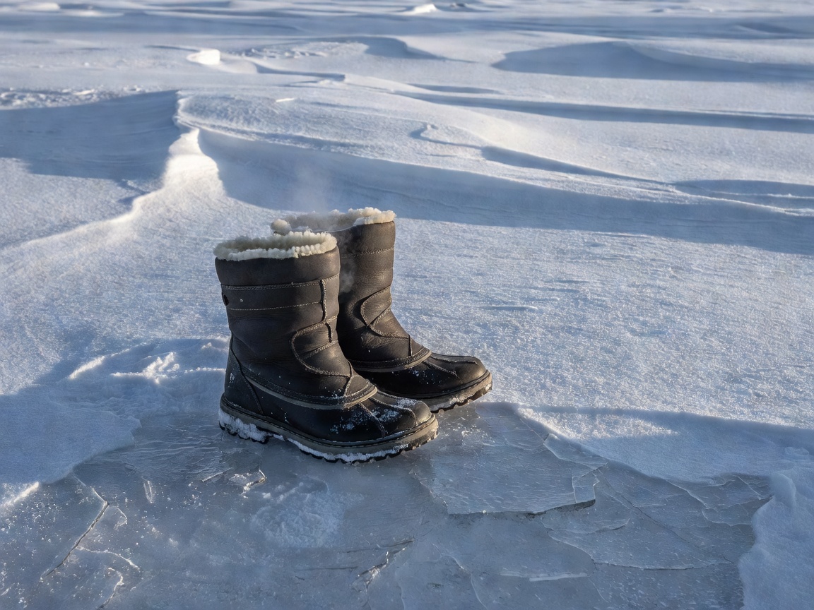 Insulated Swedish winter boots resting on deep frozen snowpack