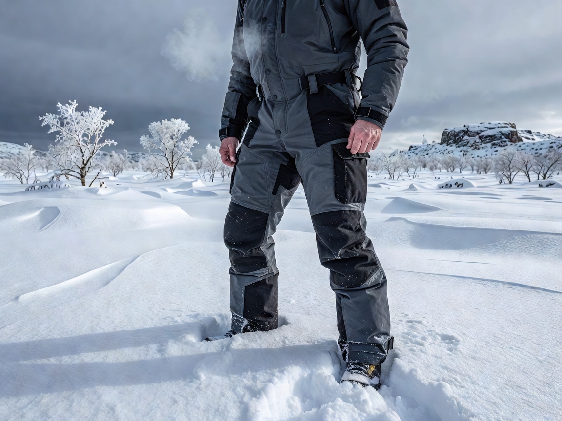 Technical reinforced winter trousers shown in snowy Scandinavian wilderness